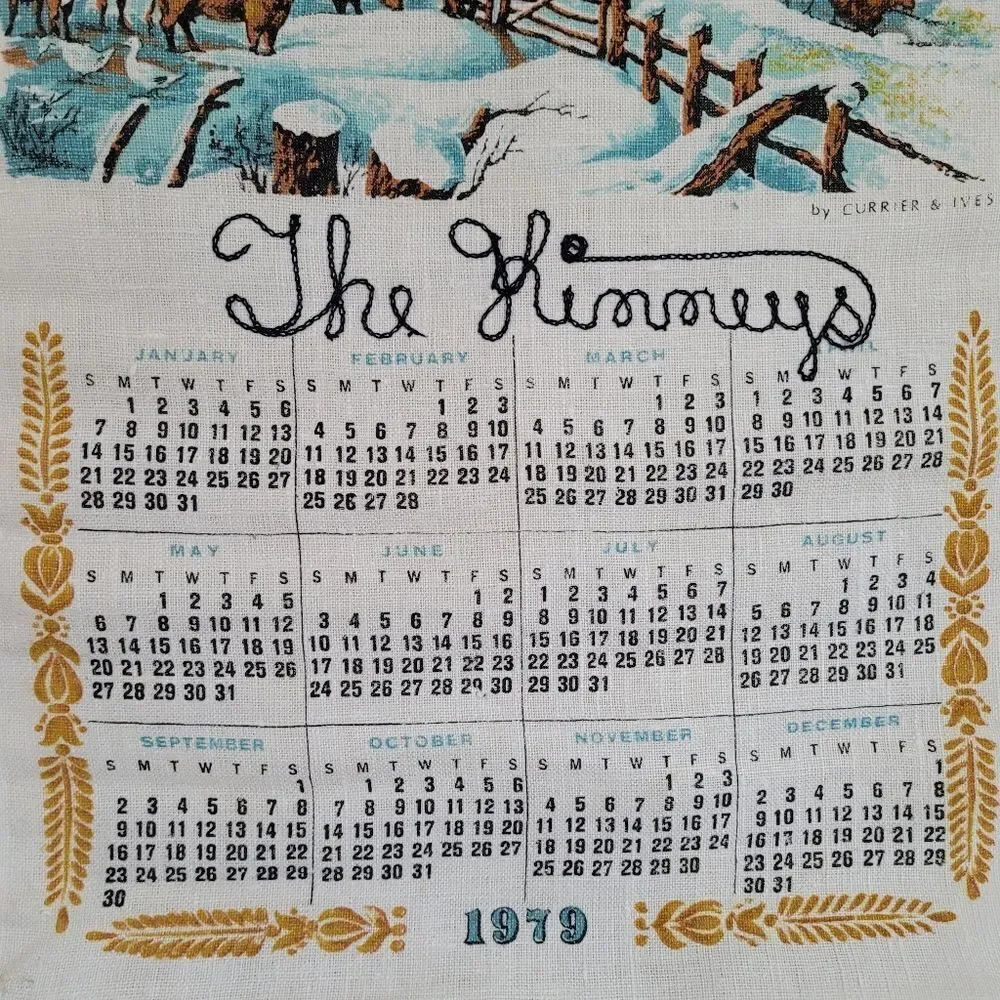 Vintage Calendar home in snow 1979 wall hanging